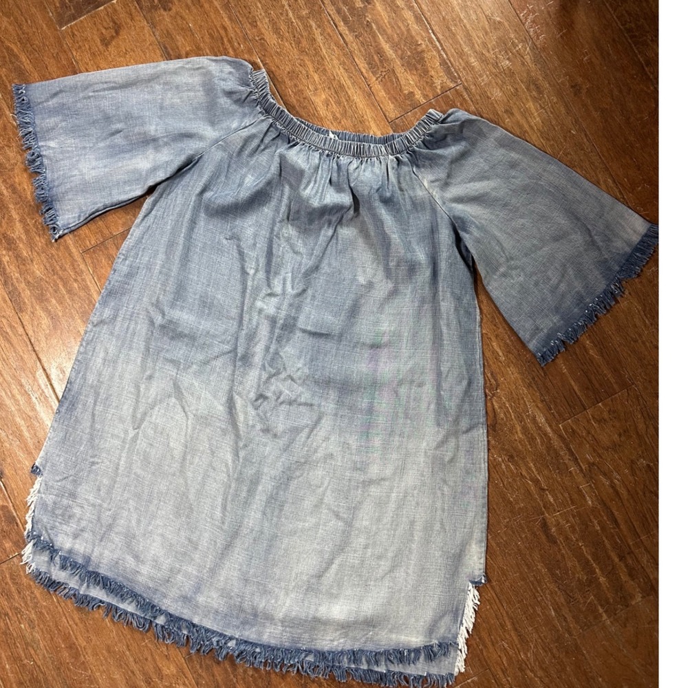 Easel Womens Blue Tencel Fringe Off Shoulder Tunic‎ Top Flutter Sleeve M ED3258